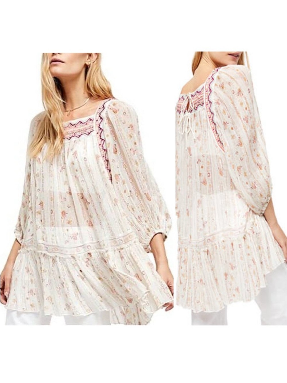 Free People Dance Magic Tunic in Ivory Combo XL Extra Large Sheer Embroidered